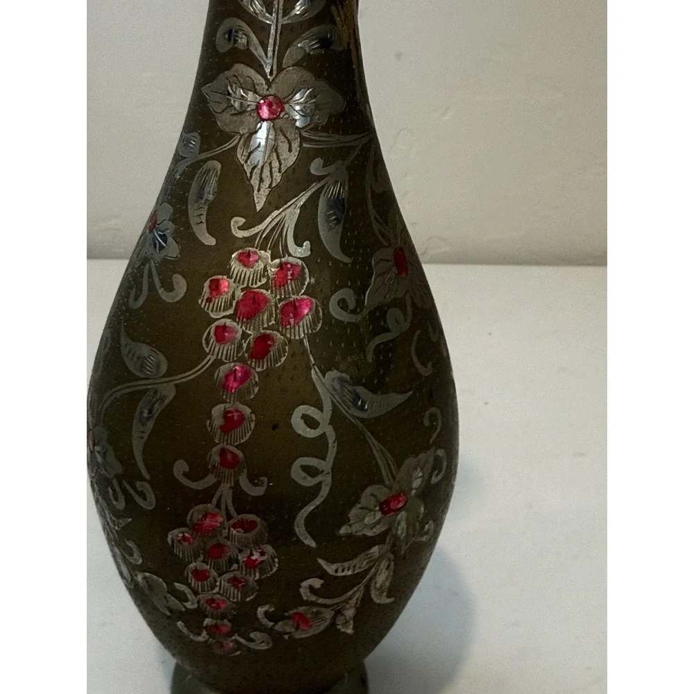 Vintage India Brass Water Pitcher Circa‎ Etched Painted Elegant Curved Handle
